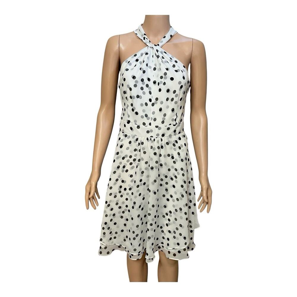 White House Black Market Polka Dot Chiffon Dress 8 Halter Fit And Flare Classic